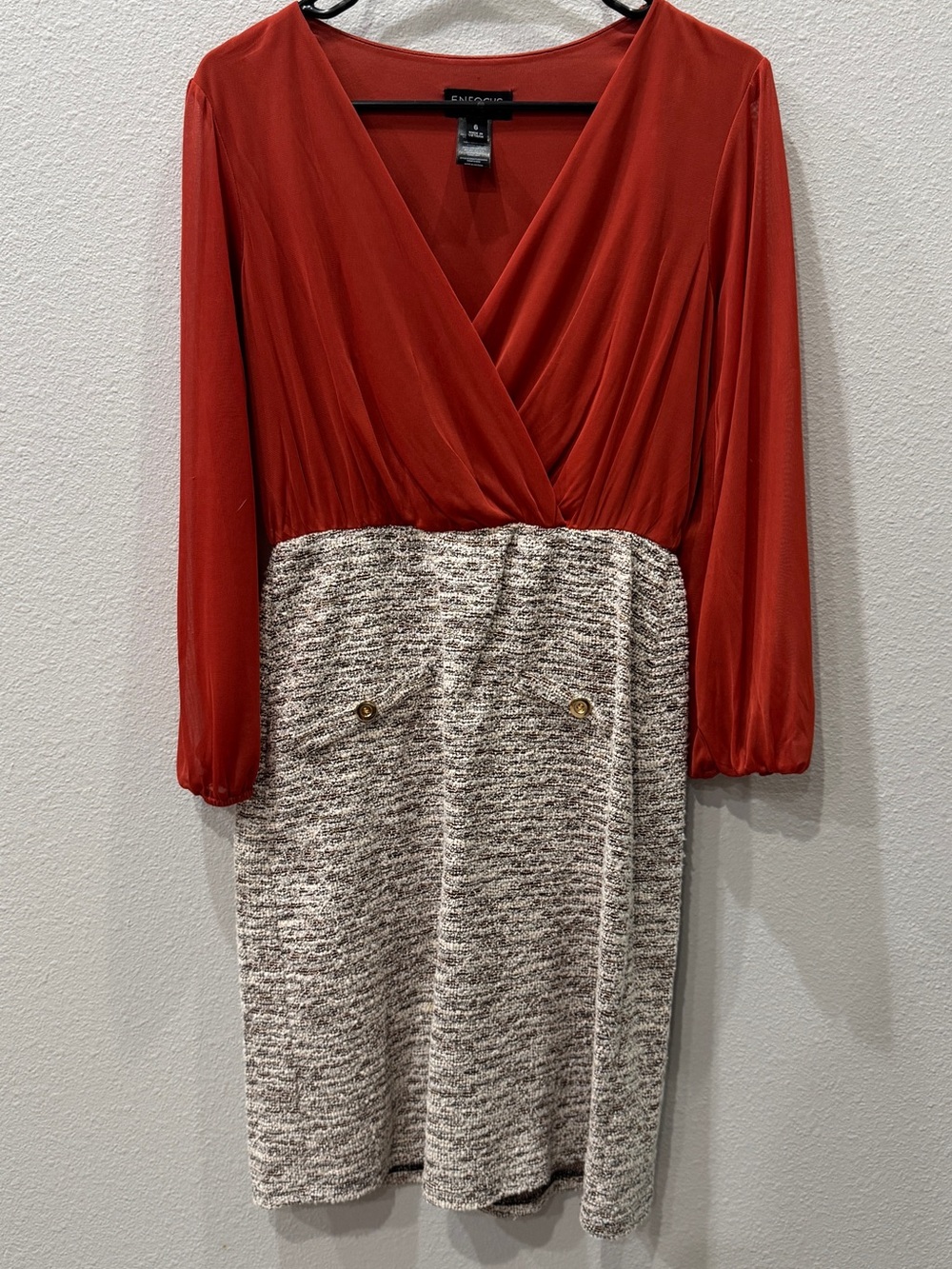 Enfocus Studio Rust Red Long-Sleeve Surplice Dress with Tweed Skirt